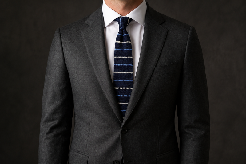 Corbata Santorini con terno gris marengo y camisa blanca para matrimonio de invierno