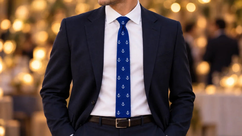 Corbata Valparaíso con terno azul marino y camisa blanca para eventos de septiembre en Chile