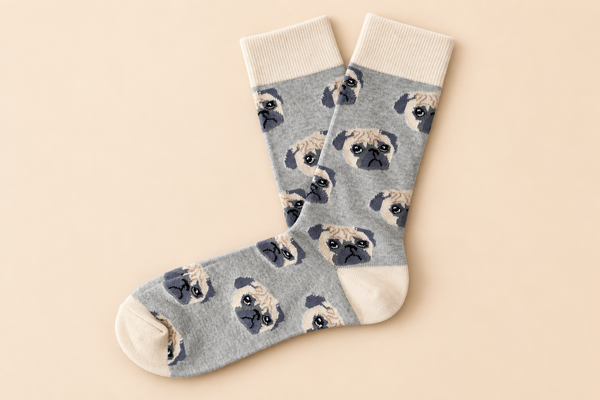 Calcetines Dongcheng en gris claro con caras de pug, foto de catálogo - Viaggio Chile