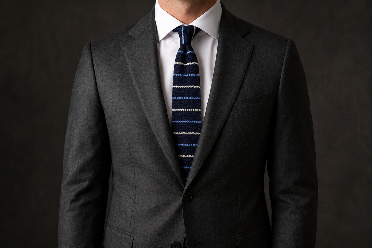 Corbata Santorini con terno gris marengo y camisa blanca para matrimonio de invierno