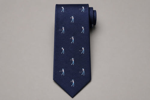 Corbata Augusta en azul marino con golfistas bordados, vista frontal - Viaggio Chile